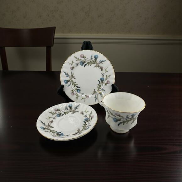 Royal Albert" Brigadoon" Bone China Tea Cup/ Saucer /Plate Blue Pink Thistles - Picture 1 of 9